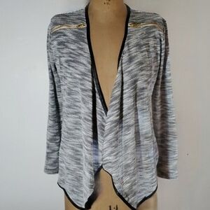 Fate Size M Cardigan Blazer Shrug Zipper Hem Black White Heather Tweed Leather